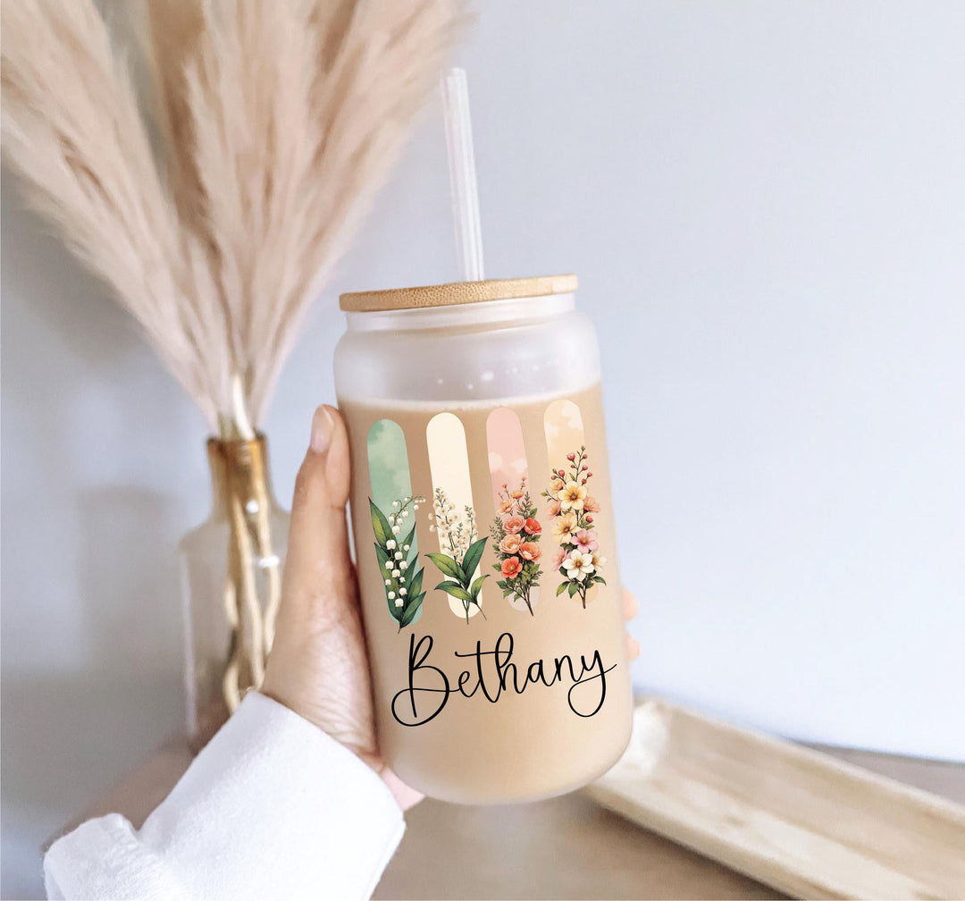 Birth Flower Iced Coffee Cup Personalized with Lid Straw