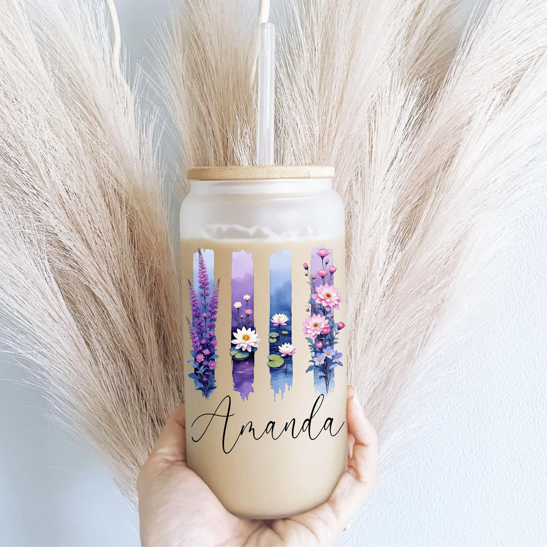 Birth Flower Iced Coffee Cup Personalized with Lid Straw