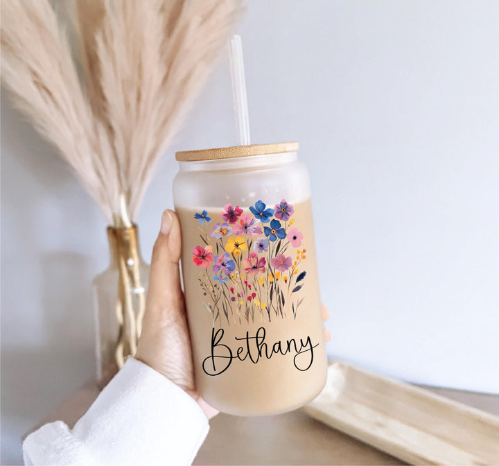 Custom Name Floral Iced Coffee Cup Bridesmaid Gift 20oz
