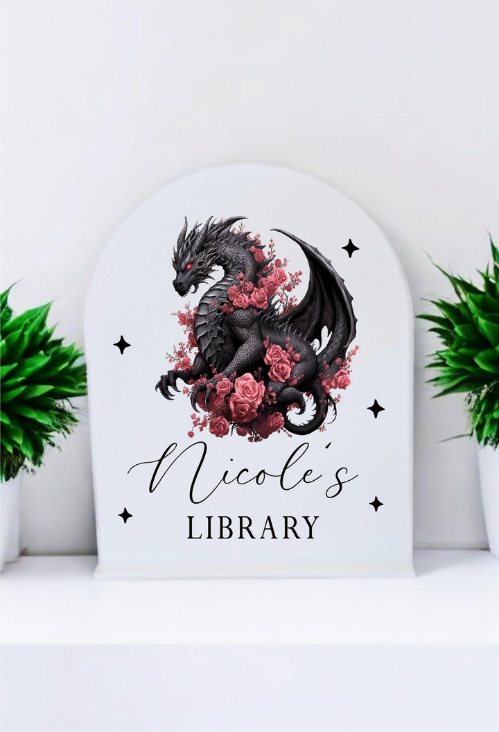 Dragon Library Sign Bookshelf Decor Personalized Gift For Readers
