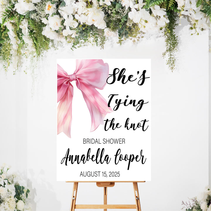 Bridal Shower Sign Pink Bow She's Tying The Knots Custom Sign