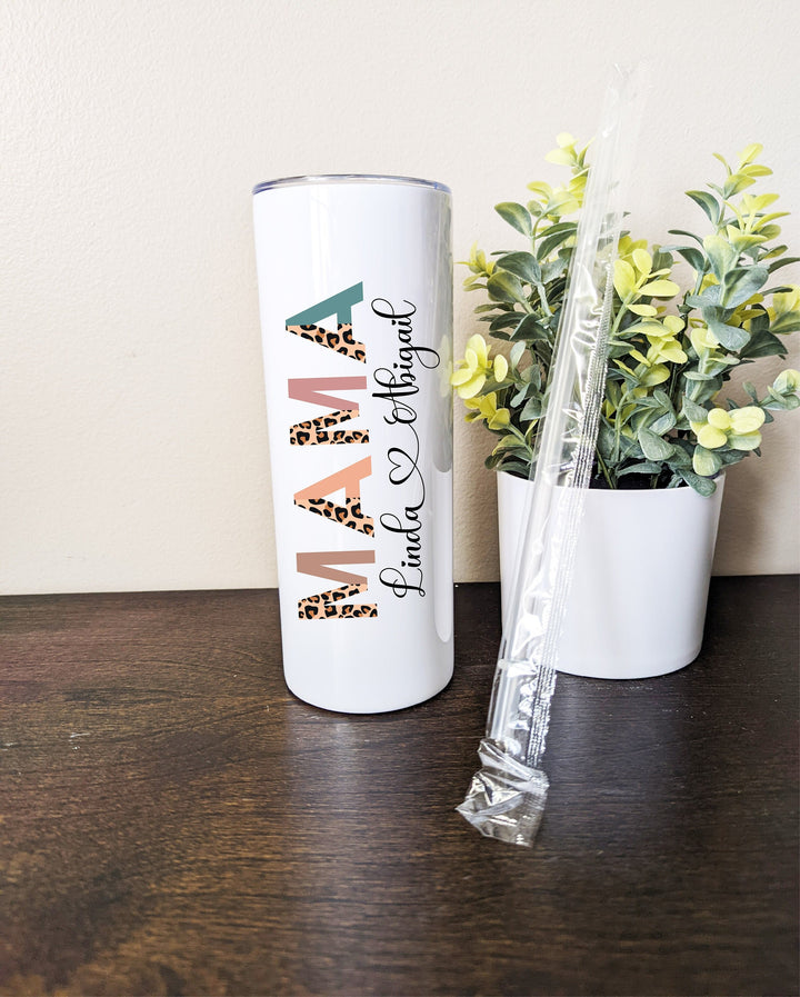 Mothers day gift Personalized half Leopard boho MAMA skinny tumbler with kids name Custom Mama Kids name tumbler&nbsp;Custom Tall 20oz tumbler