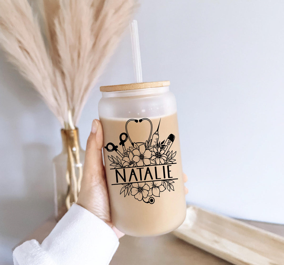 Personalized Nurse Iced Coffee Cup with Lid & Straw