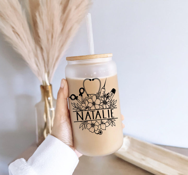 Personalized Nurse Iced Coffee Cup with Lid & Straw