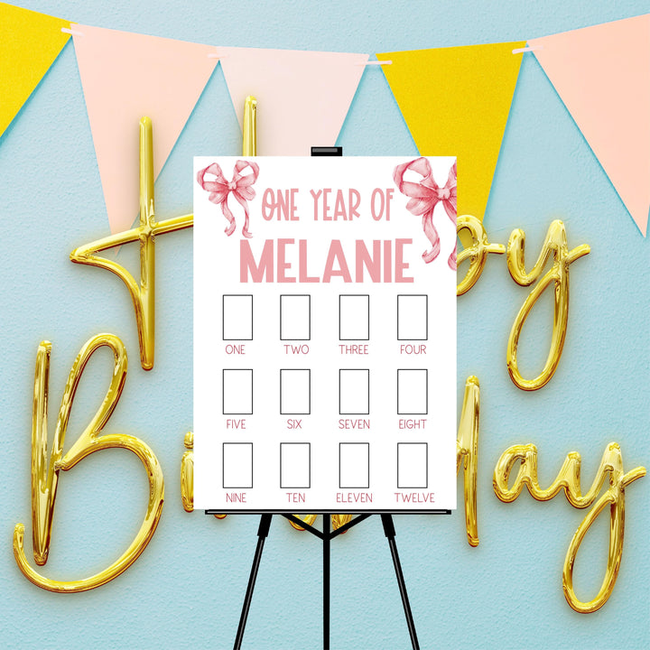One Year of Girl Pink Bow Photo Board Birthday Sign