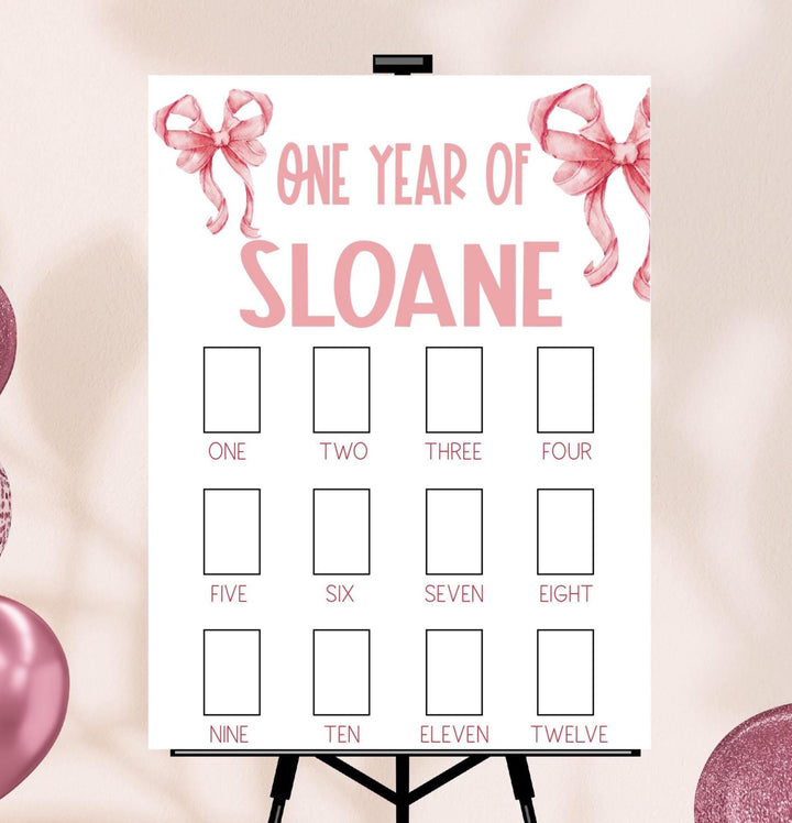 One Year of Girl Pink Bow Photo Board Birthday Sign