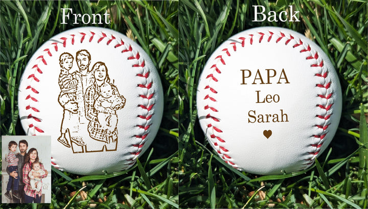 Personalized Photo Baseball Gift: Engraved Leather Keepsake for Dad with kids name