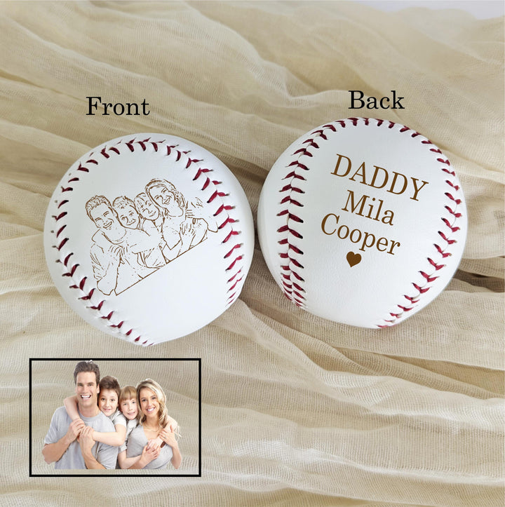Personalized Photo Baseball Gift: Engraved Leather Keepsake for Dad with kids name