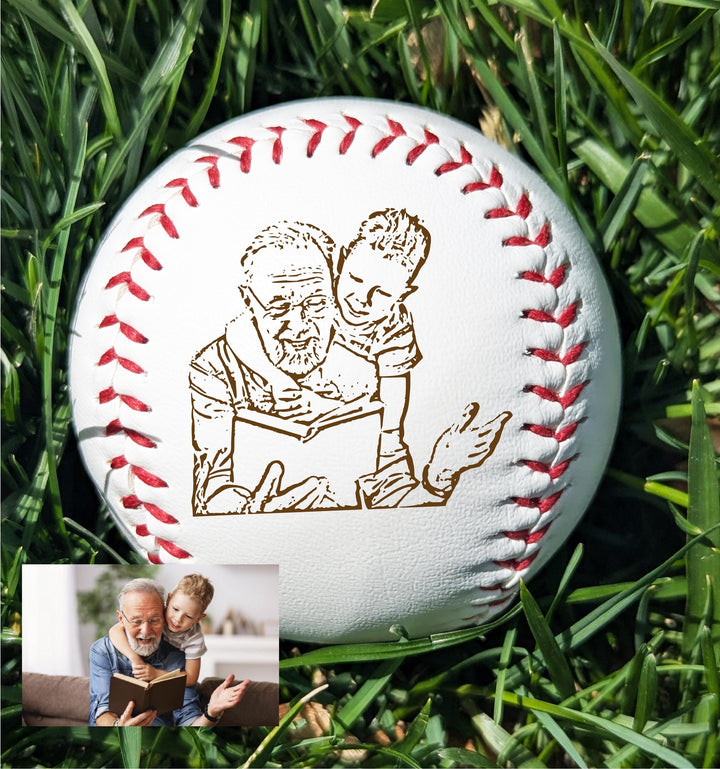 Personalized Photo Baseball Gift: Engraved Leather Keepsake for Dad with kids name