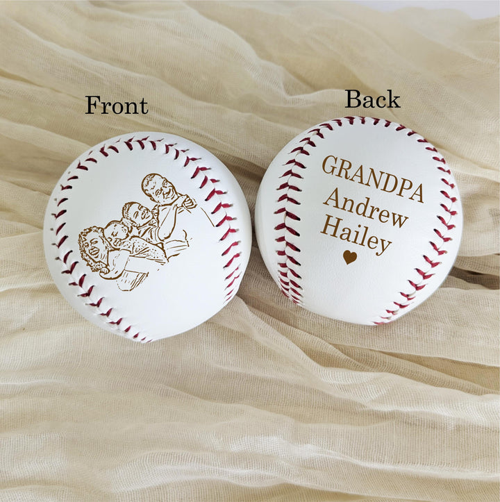 Personalized Photo Baseball Gift: Engraved Leather Keepsake for Dad with kids name