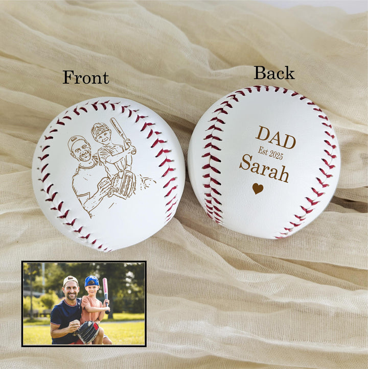 Personalized Photo Baseball Gift: Engraved Leather Keepsake for Dad with kids name