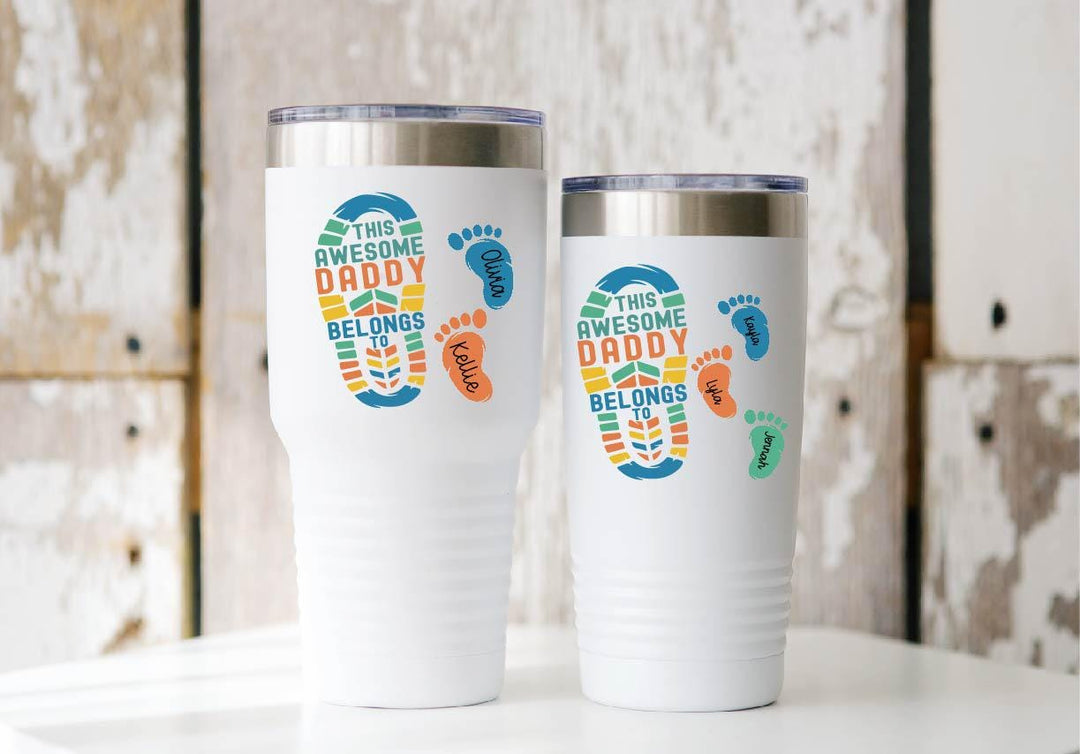 Birthday gift for grandma Dad foot print tumbler with kids name Personalized dad gift Custom Papa cup Fathers day gift tumbler Pop from kids
