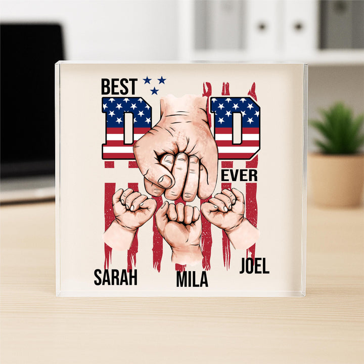 Personalized dad hand fist with kids US flag theme Acrylic Block fathers day gift idea Gifts from kids to dad Husband gift for work table
