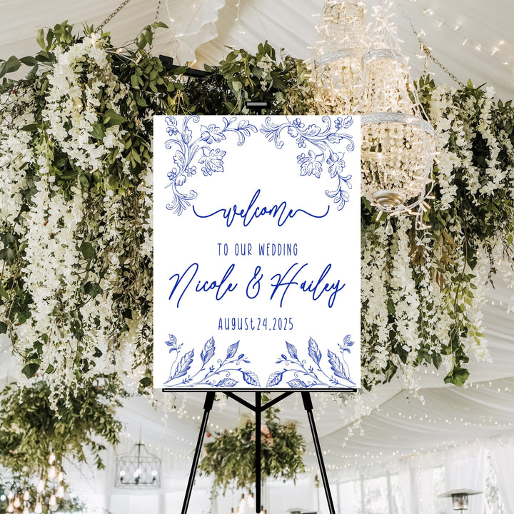 Blue Wedding Welcome Signs&nbsp;Vintage Cottage core Welcome To Our Wedding Sign Acrylic Blue floral Personalized wedding Reception sign