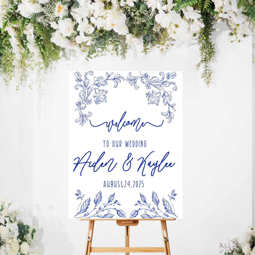 Blue Wedding Welcome Signs&nbsp;Vintage Cottage core Welcome To Our Wedding Sign Acrylic Blue floral Personalized wedding Reception sign