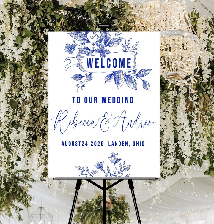 Vintage Cottage core Wedding Welcome Signs Welcome To Our Wedding Sign Acrylic Blue floral Personalized wedding Reception sign