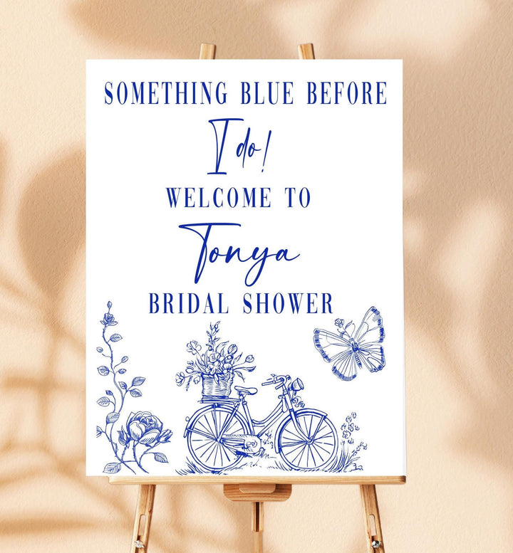 Something Blue Bridal Shower Sign | Blue and White Welcome Poster&nbsp;Custom Bride Sign Vintage Bicycle Theme Bridal Shower Decor Entrance sign