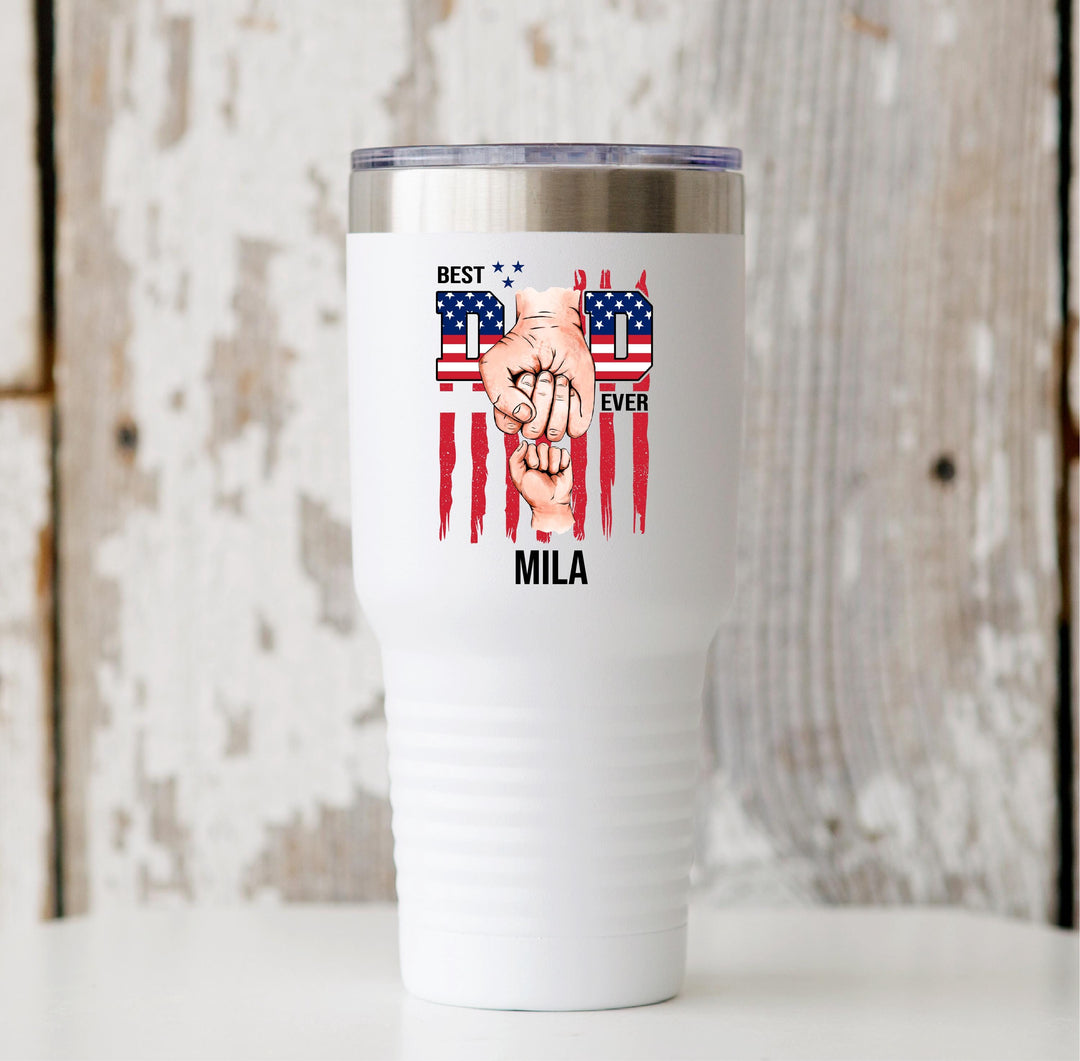 US flag Dad gifts hand fist tumbler with kids name Fathers day gift Personalized dad Custom Daddy cup gift tumbler Grandpa birthday gift dad