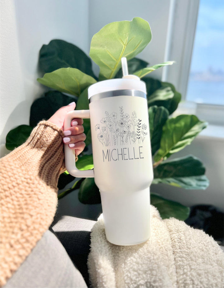 Custom name Tumbler Personalized 40oz Laser Engraved floral Tumbler Custom Name Tumbler Corporate gift Teacher gifts friend birthday gift