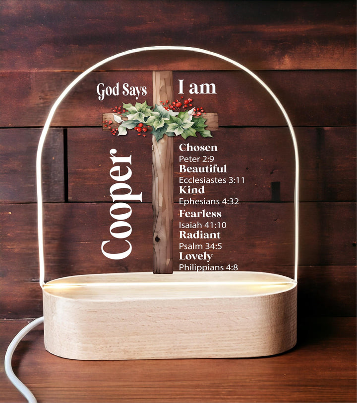 Personalized God Says I Am Cross Night Light, Baptism Gift