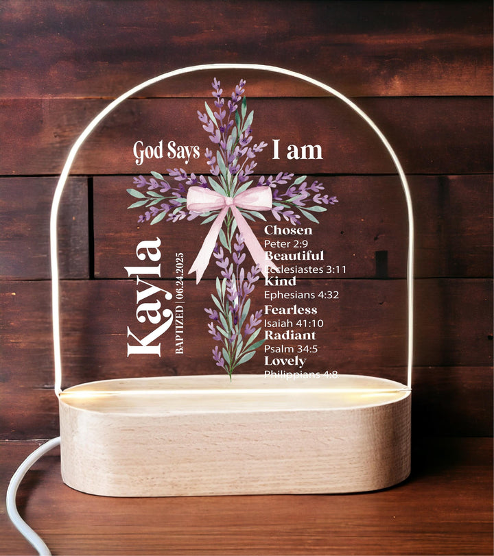 Personalized Christian Night Light for kids Baptism gift God Says I Am Cross Light First Communion Gift&nbsp;Custom Bible Verse Acrylic Light