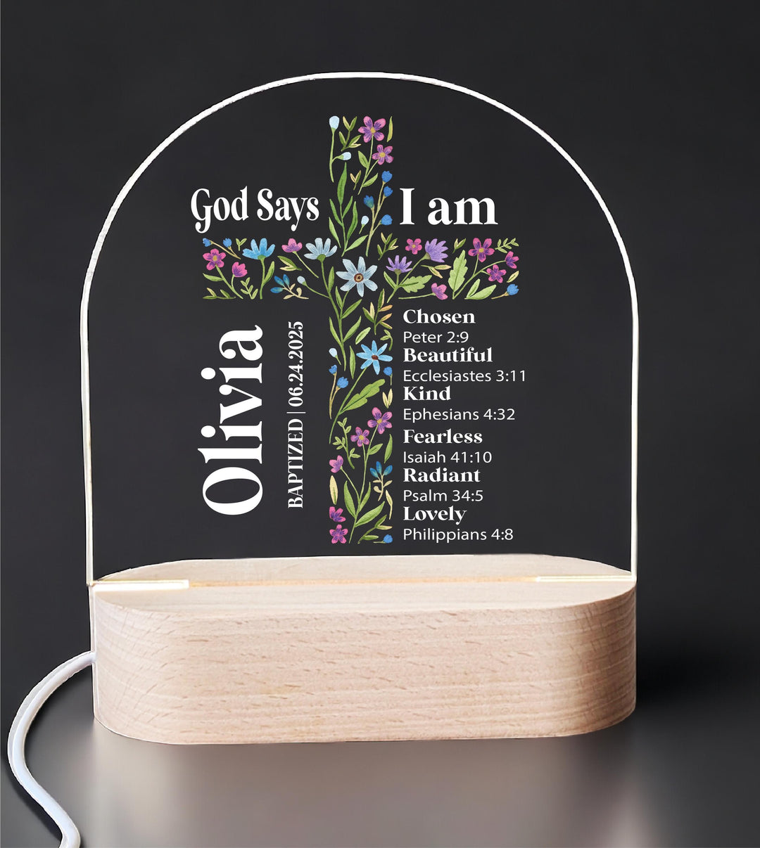 Personalized Christian Night Light for kids Baptism gift God Says I Am Cross Light First Communion Gift&nbsp;Custom Bible Verse Acrylic Light