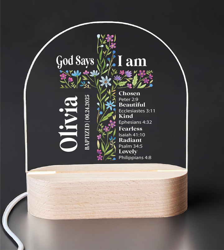 Personalized Christian Night Light for kids Baptism gift God Says I Am Cross Light First Communion Gift&nbsp;Custom Bible Verse Acrylic Light