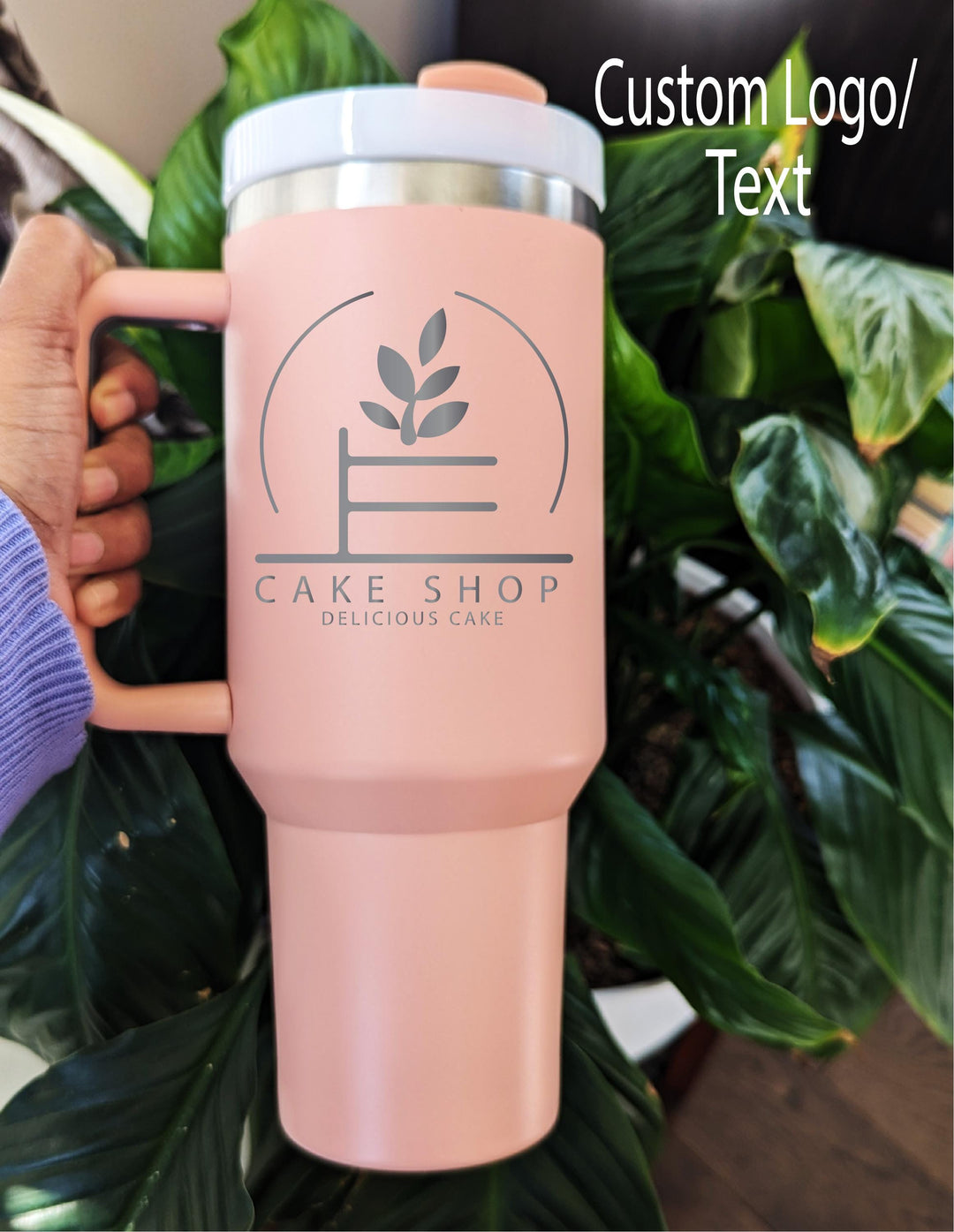 Custom Logo Tumbler with Handle | Personalized Business Mug | Engraved Insulated Travel Cup | Custom Text Cup | Gift for Clients or Staff