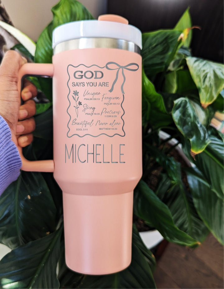 Custom Christian Tumbler with Bible Verse Personalized Religious Gift for Women God Says I Am Travel Mug with Handle Inspirational Faith Cup
