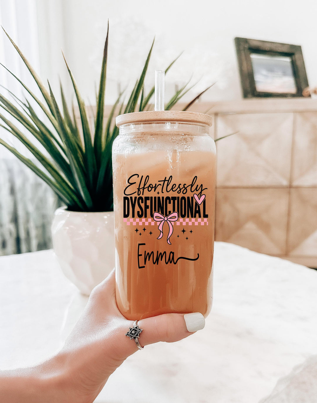 Personalized &amp;quot;Effortlessly Dysfunctional&amp;quot; Glass Tumbler: Iced Coffee Cup with Lid &amp; Straw