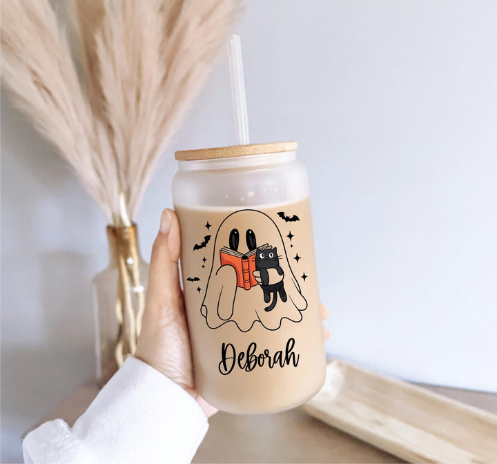 Personalized Halloween Glass Can with Ghost &amp; Cat | Custom Name Iced Coffee Cup | Cute Spooky Gift | Frosted Tumbler with Bamboo Lid