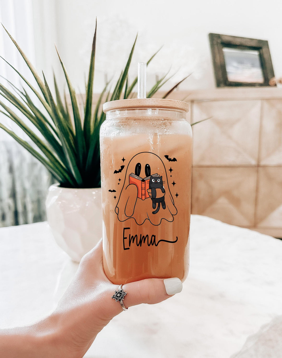 Personalized Halloween Glass Can with Ghost &amp; Cat | Custom Name Iced Coffee Cup | Cute Spooky Gift | Frosted Tumbler with Bamboo Lid