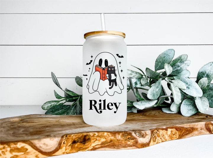 Personalized Halloween Glass Can with Ghost &amp; Cat | Custom Name Iced Coffee Cup | Cute Spooky Gift | Frosted Tumbler with Bamboo Lid