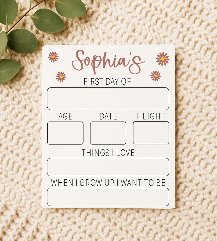 Floral First Day of School Sign – Personalized Back to School Photo Prop for Girls – Custom Reusable Board for Preschool &amp; Kindergarten