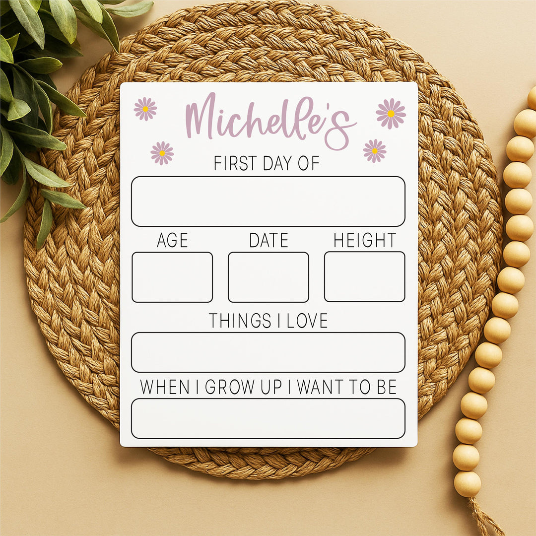 Floral First Day of School Sign – Personalized Back to School Photo Prop for Girls – Custom Reusable Board for Preschool &amp; Kindergarten