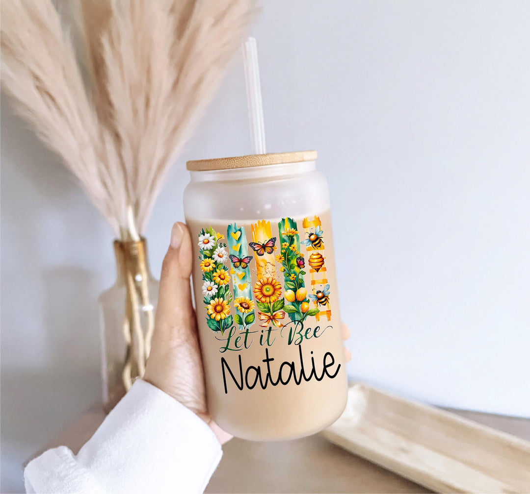 Let It Bee Glass Can with Name – Personalized Frosted Iced Coffee Cup | Sunflower &amp; Bee Tumbler Gift | Butterfly Floral Summer Mug