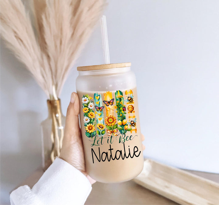 Let It Bee Glass Can with Name – Personalized Frosted Iced Coffee Cup | Sunflower &amp; Bee Tumbler Gift | Butterfly Floral Summer Mug
