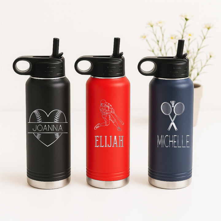 Custom Sports Water Bottle with Straw, Baseball Team Gift