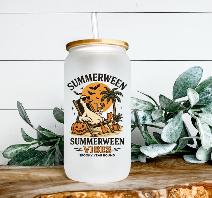 Summerween Glass Can Cup – Spooky Summer Vibes Tumbler, Frosted Halloween Beach Glass, Skeleton Tropical Drink Cup with Bamboo Lid Halloween