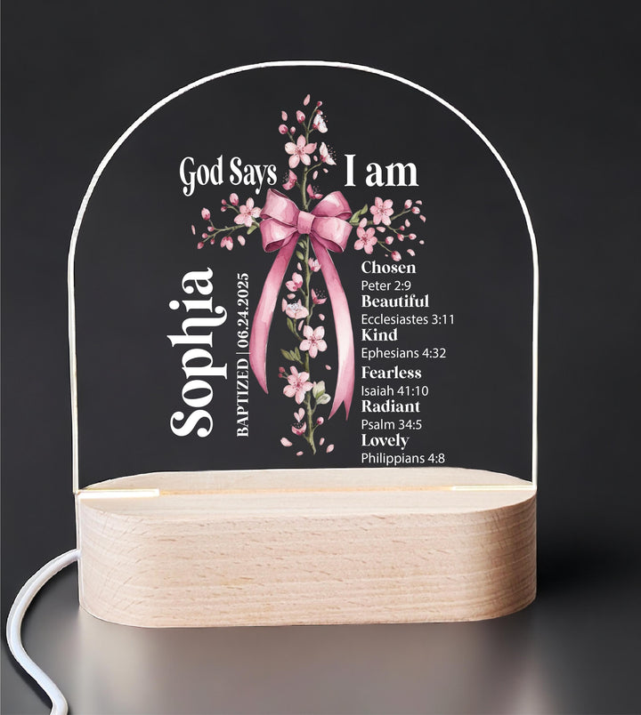 Personalized Christian Night Light for kids Baptism gift God Says I Am Cross Light First Communion Gift&nbsp;Custom Bible Verse Acrylic Light