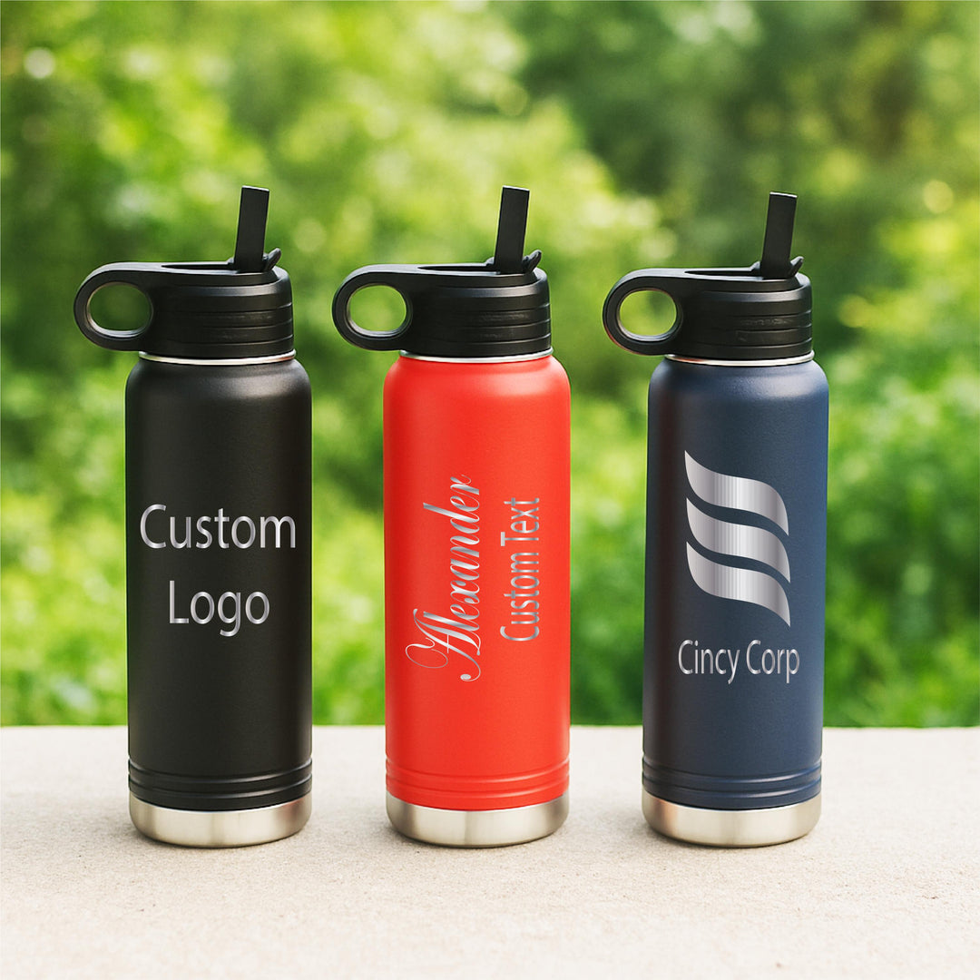 Custom Logo or Name Water Bottle – Personalized Engraved Stainless Steel Sports Bottle – Corporate Gifts, Team Swag, Business Branding
