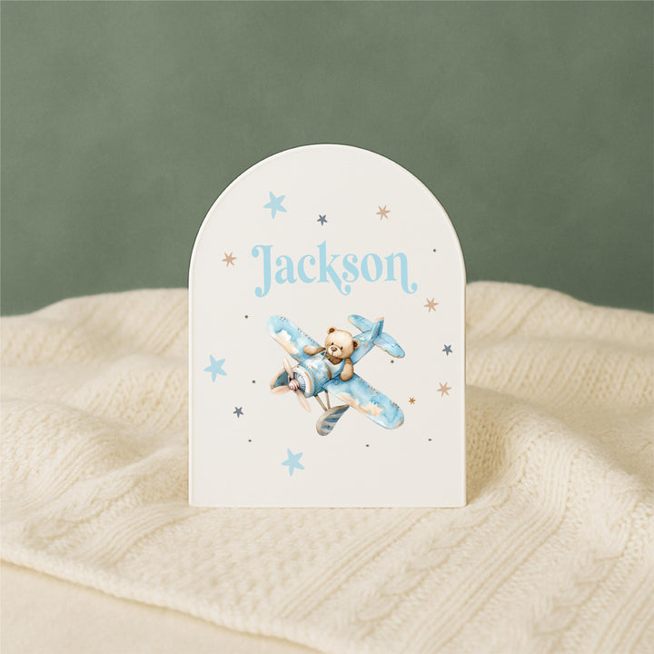 Personalized Acrylic Baby boy Name Sign Blue Airplane Nursery Decor with Teddy Bear, Custom Newborn Gift, Baby Shower Keepsake, Photo Prop