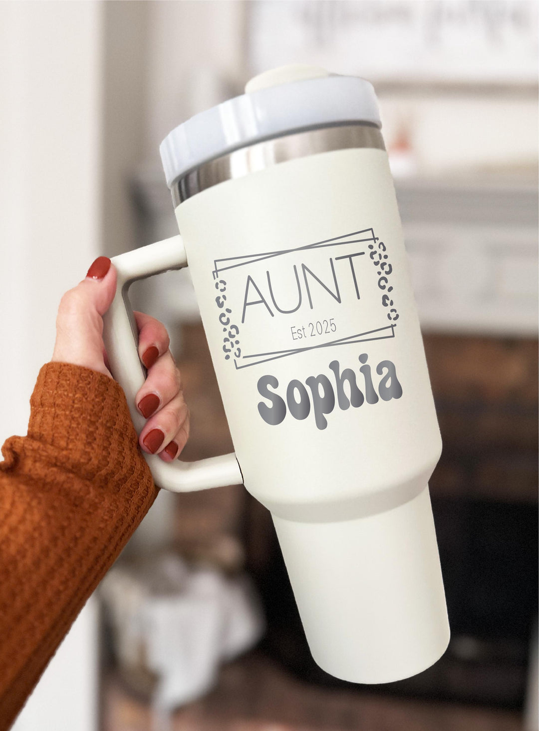 Personalized Aunt Tumbler | Auntie Est year Travel Mug with Name | New Aunt Gift | Custom aunt Leopard Print Mug | Baby Announcement Gift