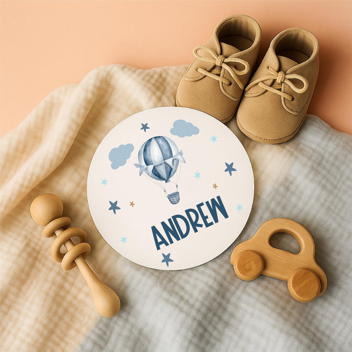 Custom Baby Boy Name Round | Personalized Baby Name Sign | Hot Air Balloon Nursery Decor | Newborn Photo Prop | Baby Shower Gift