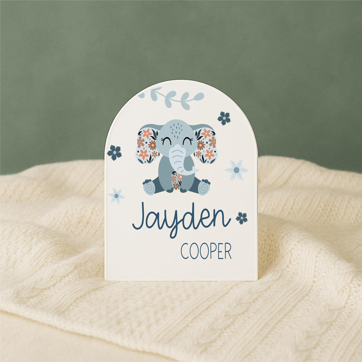 Personalized Baby Name Sign with Elephant | Newborn Name Announcement Disc | Custom Floral Safari Nursery Decor | Baby Shower Gift