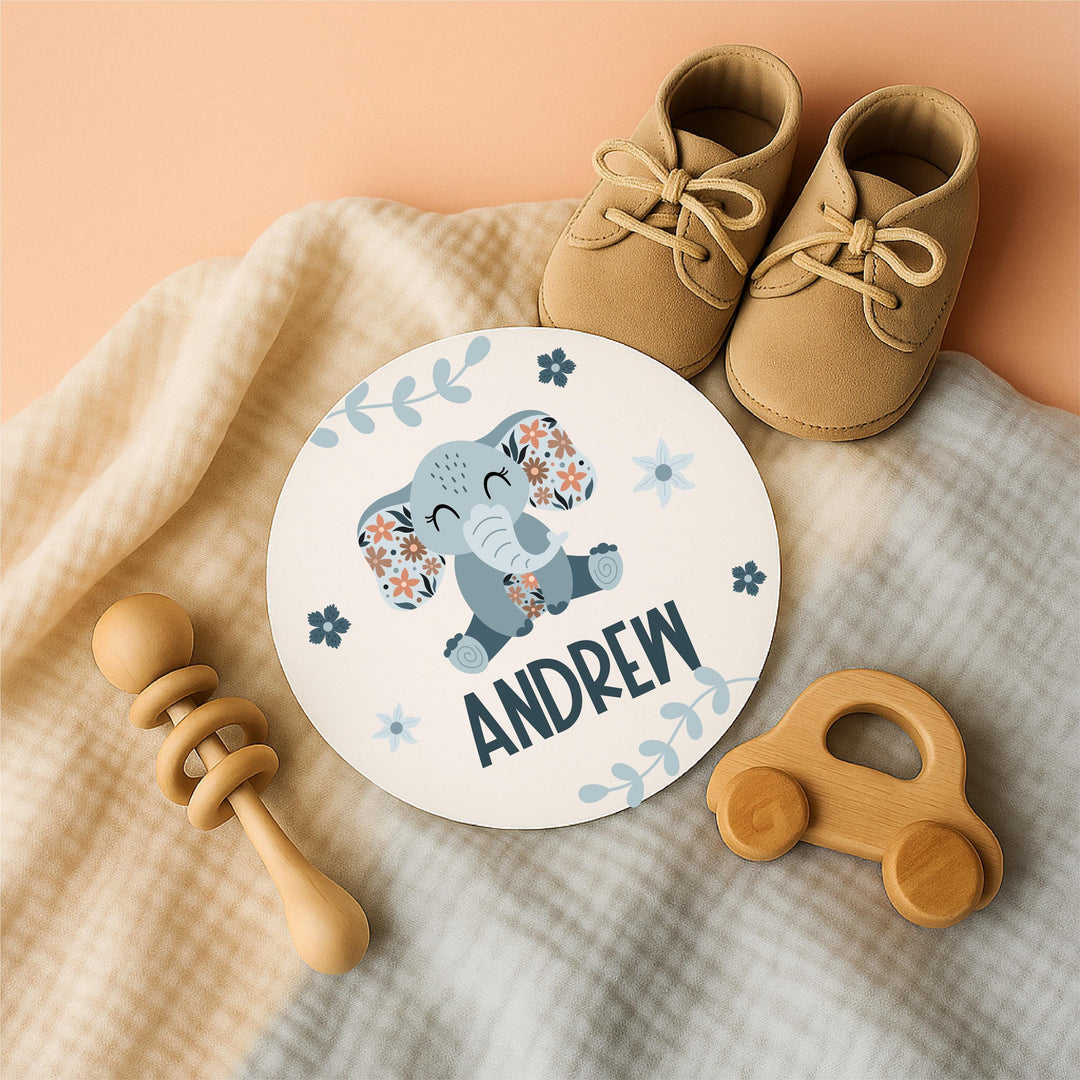 Personalized Baby Name Sign with Elephant | Newborn Name Announcement Disc | Custom Floral Safari Nursery Decor | Baby Shower Gift