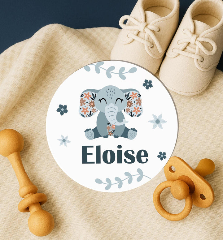 Personalized Baby Name Sign with Elephant | Newborn Name Announcement Disc | Custom Floral Safari Nursery Decor | Baby Shower Gift