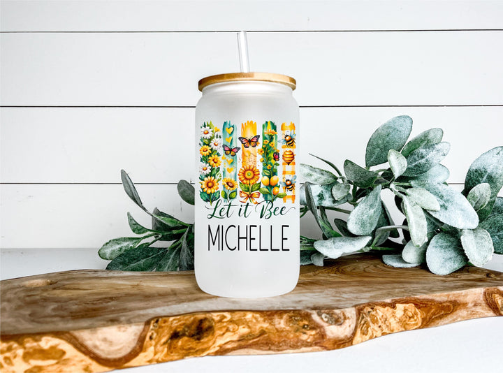Let It Bee Glass Can with Name – Personalized Frosted Iced Coffee Cup | Sunflower &amp; Bee Tumbler Gift | Butterfly Floral Summer Mug
