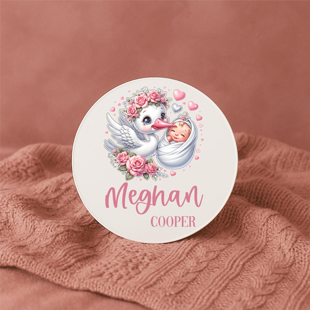Personalized Stork Baby Name Sign – Custom Newborn Gift, Baby Girl Nursery Decor, Birth Announcement Keepsake, Maggie Baby Name Plaque