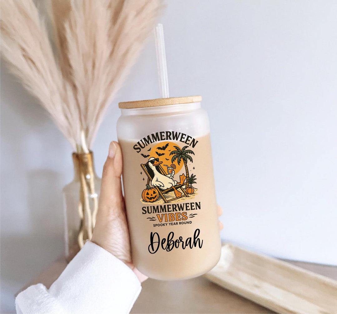 Summerween Glass Can Cup – Spooky Summer Vibes Tumbler, Frosted Halloween Beach Glass, Skeleton Tropical Drink Cup with Bamboo Lid Halloween